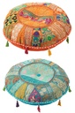 Pouf Plat Rond Motifs+Glands Coton