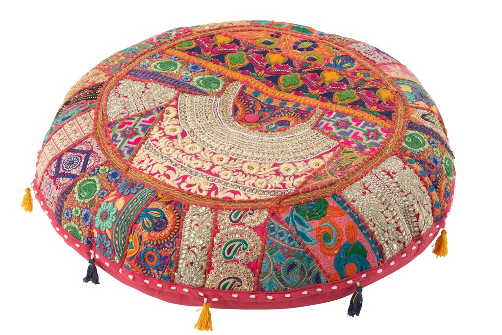 Pouf Plat Rond Motifs+Glands Coton