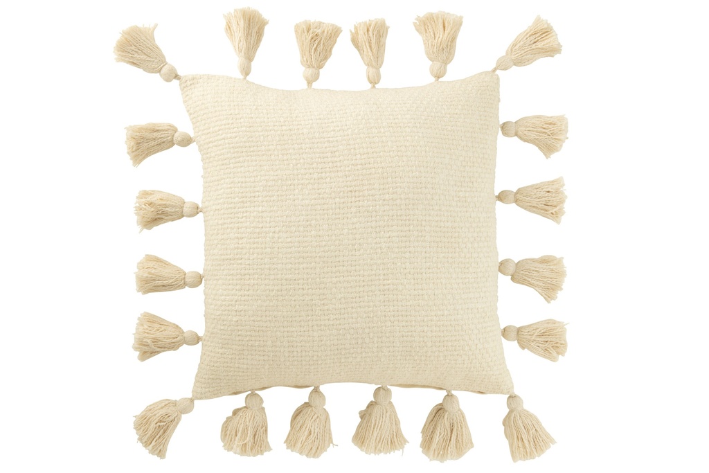 Coussin tissé à pompons en coton blanc