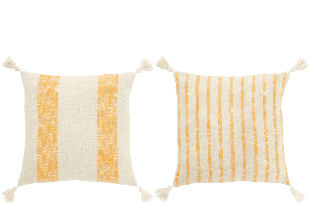 Coussin carré à rayures et pompons en coton blanc/orange