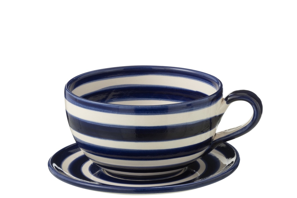 Tasse et assiette Granada Stripes en céramique blanche/cobalto
