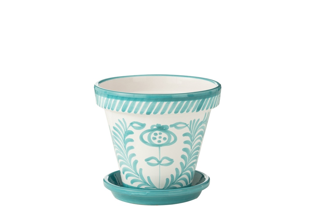 Flowerpot+Plate Granada Handmade/Handpainted Ceramic Aqua/White