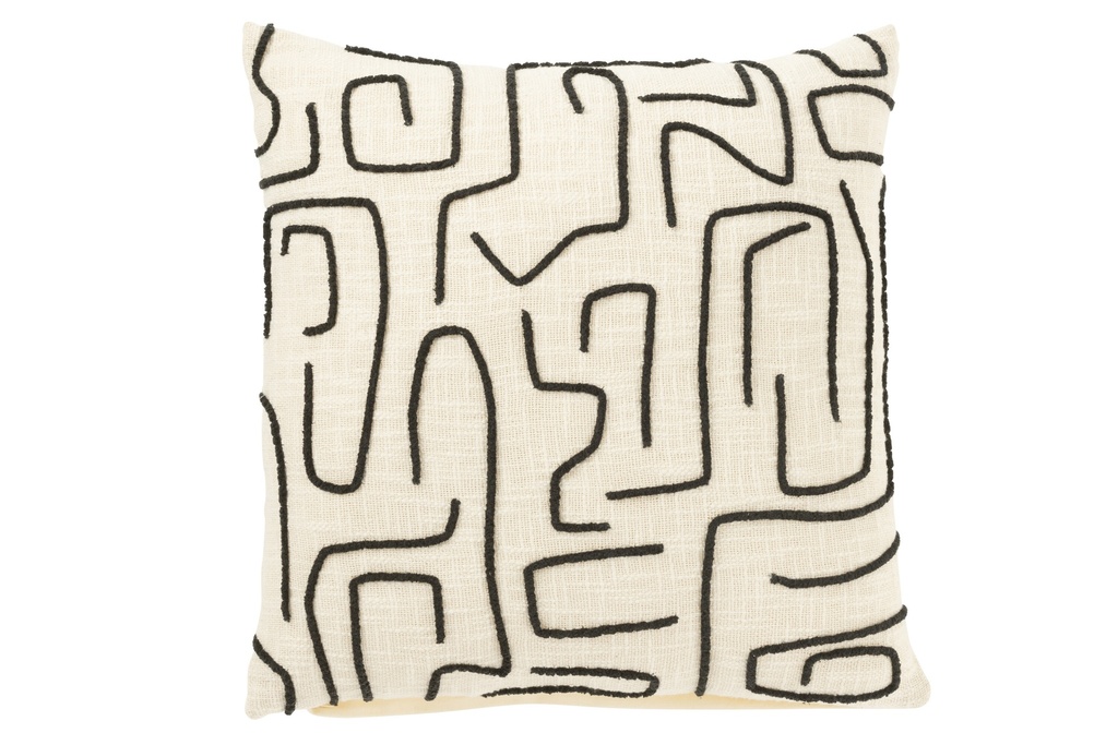Coussin Carré Lignes/Courbes Coton Blanc/Noir