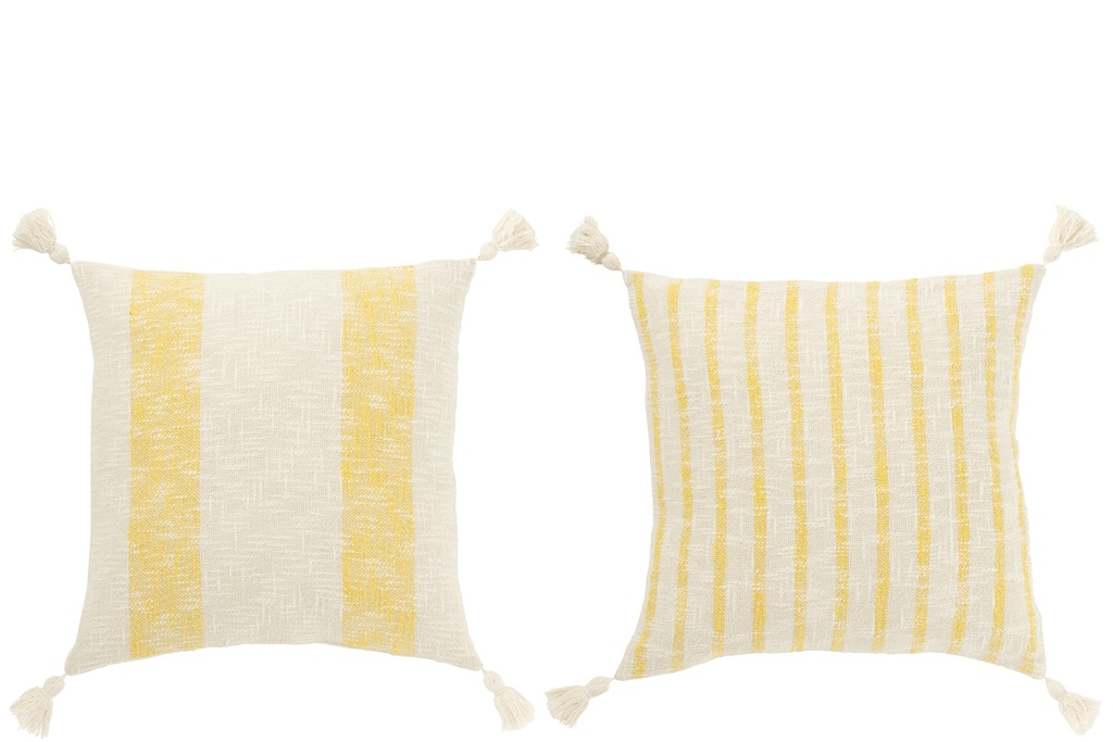 Coussin carré à rayures et pompons en coton blanc/jaune