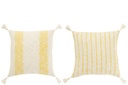 Coussin carré à rayures et pompons en coton blanc/jaune