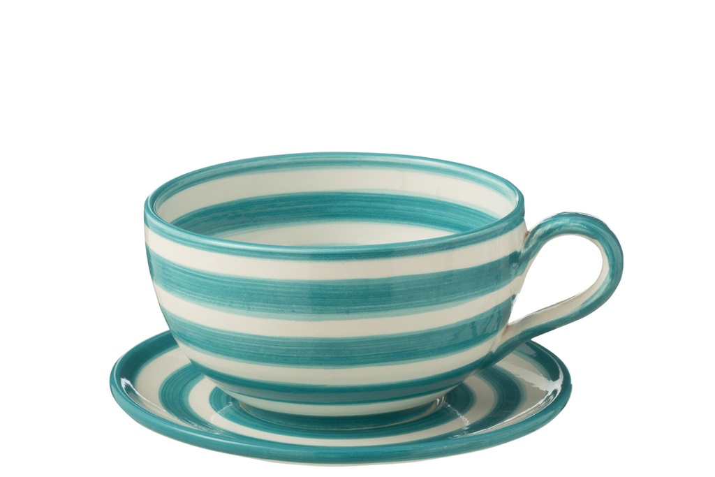 Tasse et assiette Granada Stripes en céramique blanche/aqua