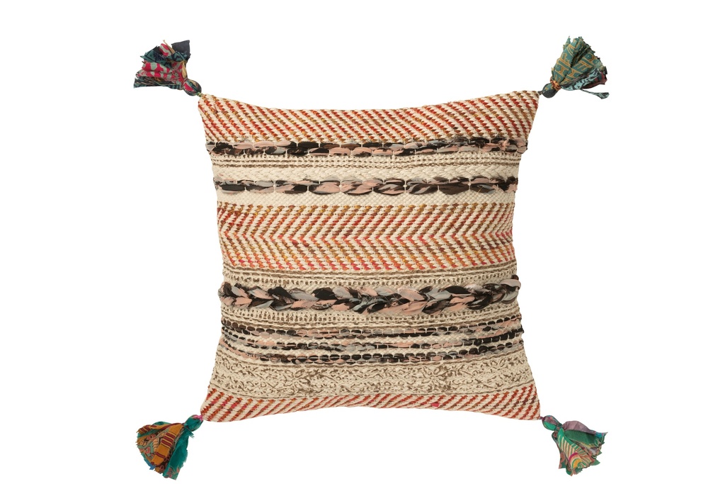 Cushion Square Braided Chindi+Tassels Cotton
