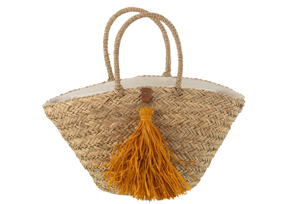Sac de plage à pompons en jonc de mer/raphia naturel/ocre