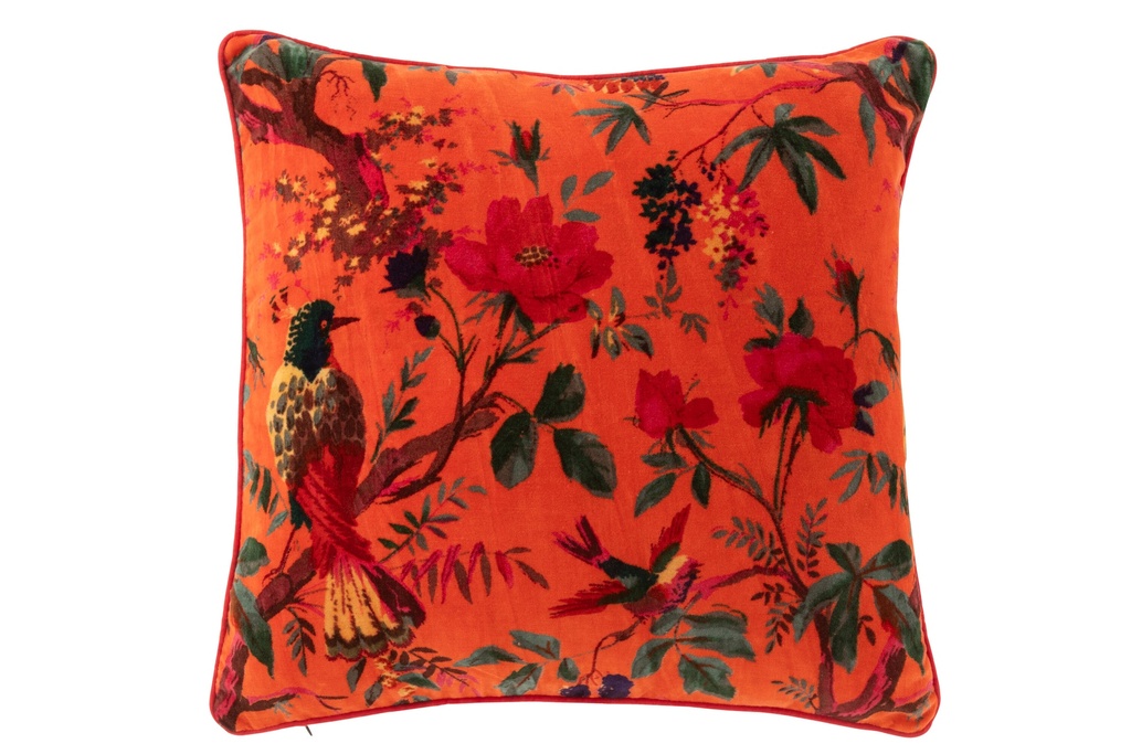Coussin Oiseaux/Fleurs Velours de Coton Orange