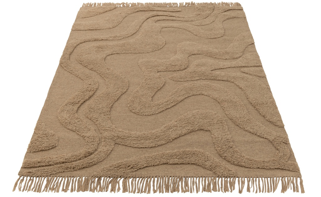 Rug Tufted Curves/Fringes Wool Beige
