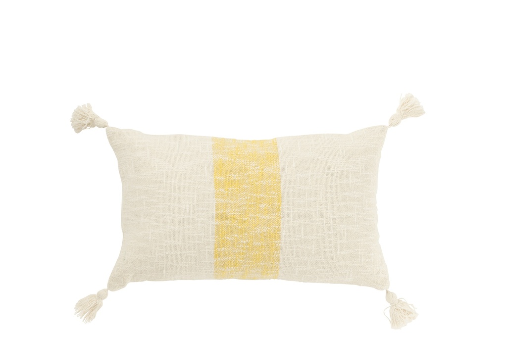 Coussin Rectangle Rayures+Pompons Coton Blanc/Jaune