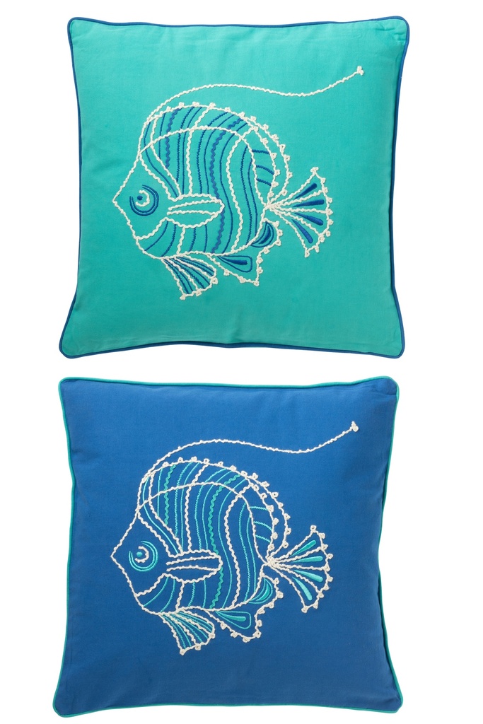 Coussin Carré Poisson Coton Bleu/Azur