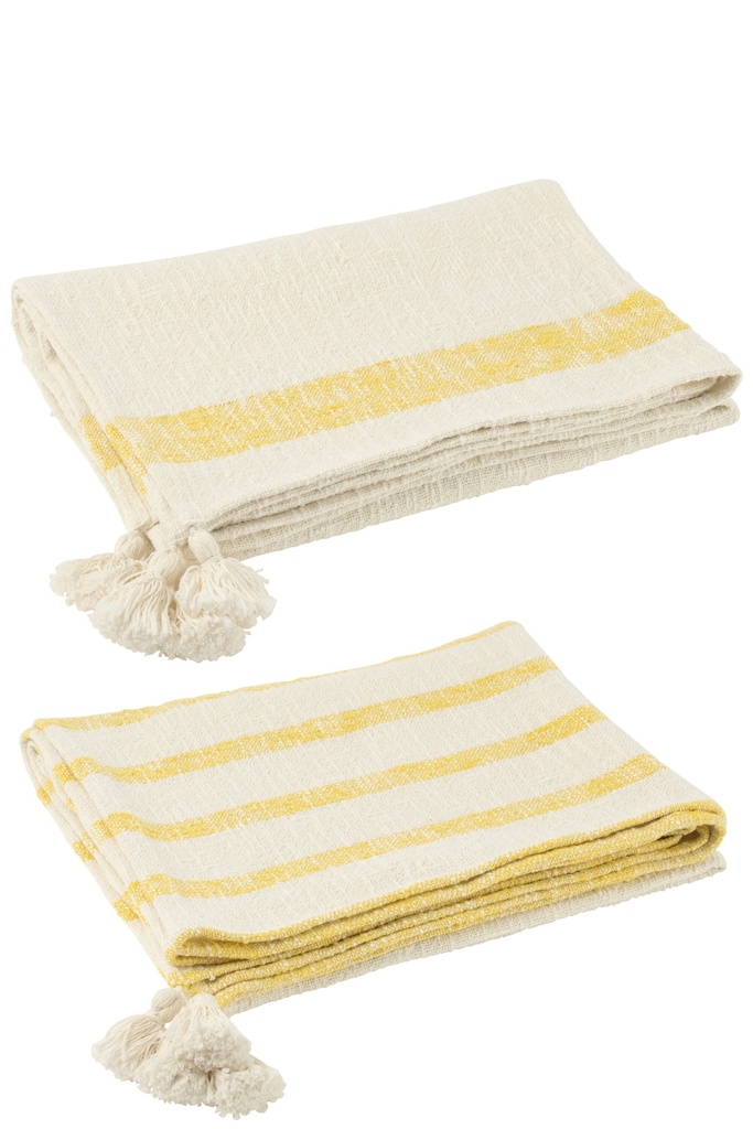 Assortiment de plaids à rayures et pompons en coton blanc/jaune