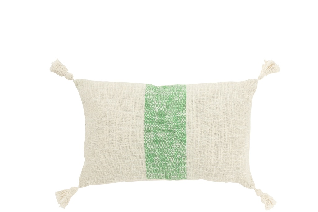 Cushion Rectangle Stripes+Tassels Cotton White/Green