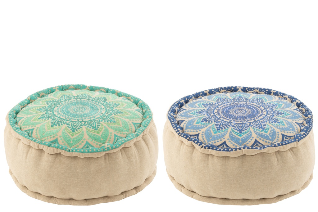 Pouf Rond Fleur Coton Turquoise/Bleu