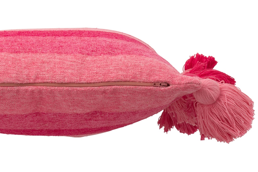 Coussin Rayures+Pompons Coton Rose