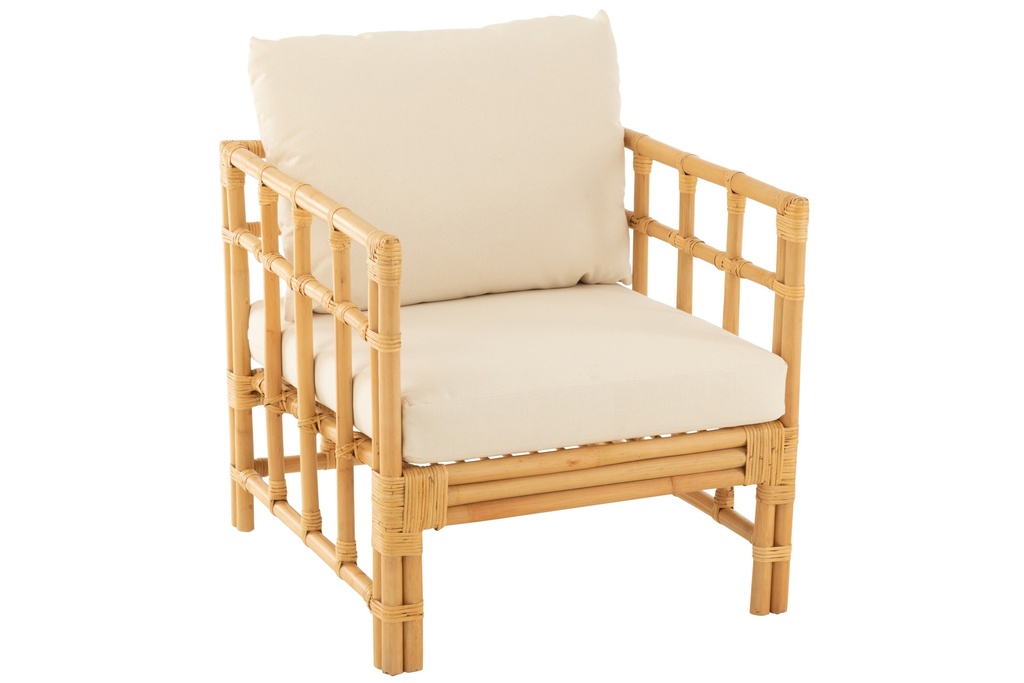 Fauteuil Elise + Coussin Rotin/Textile Naturel/Blanc