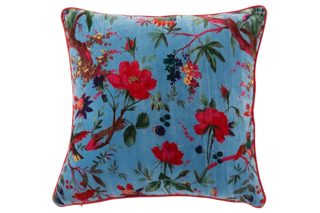 Coussin Oiseaux/Fleurs Velours Coton Bleu