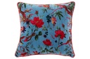 Coussin Oiseaux/Fleurs Velours Coton Bleu