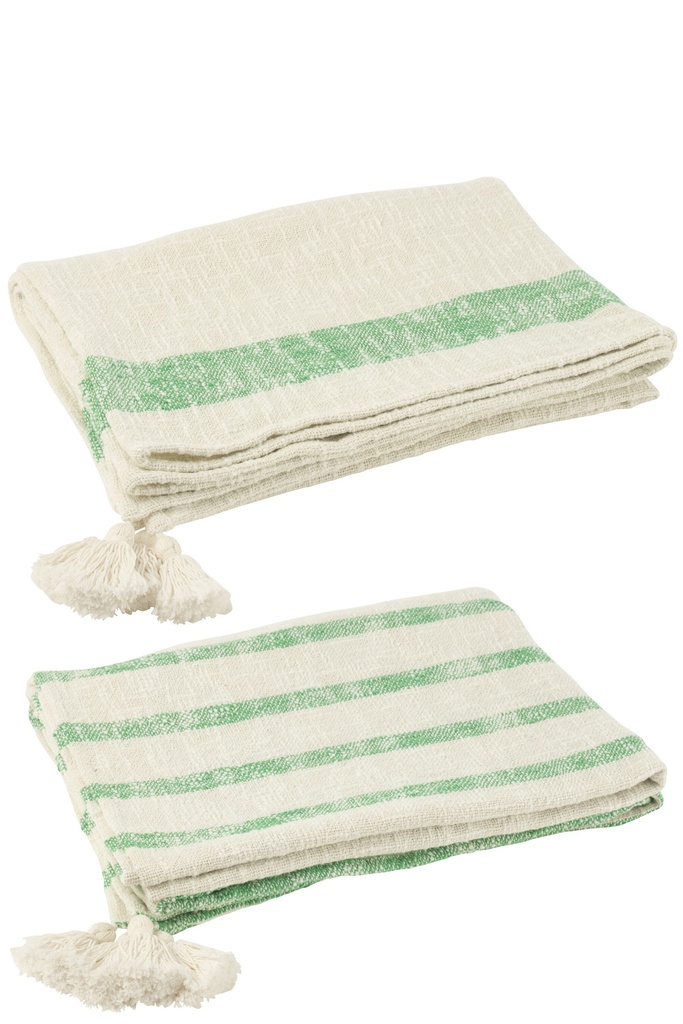Assortiment de plaids à rayures et pompons en coton blanc/vert