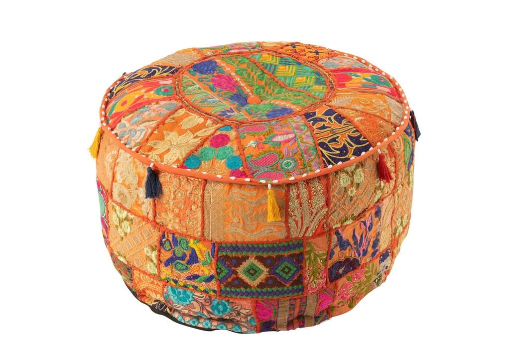 Pouf Rond Motifs+Pompons Coton Orange