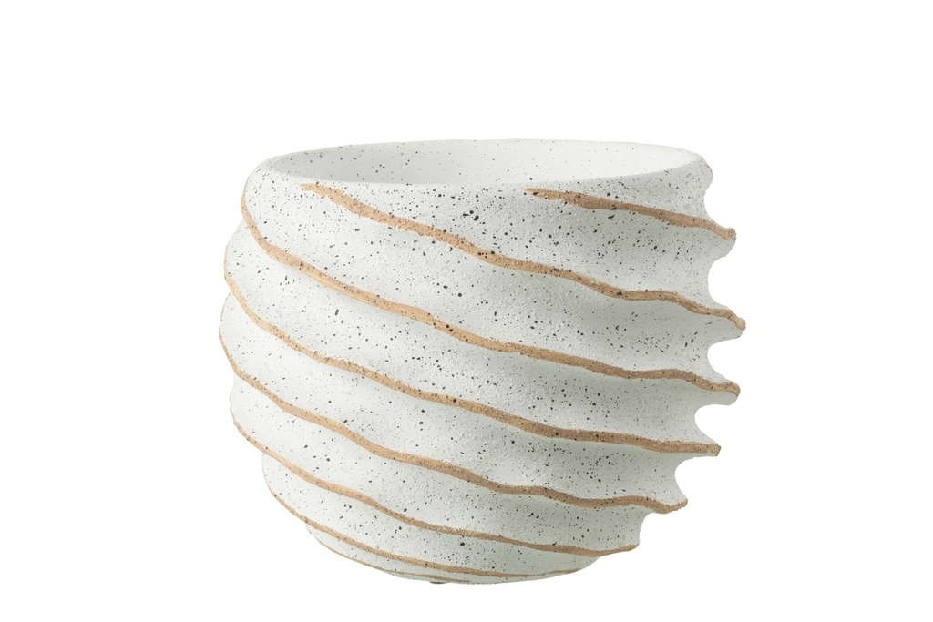[34267] Pot de fleurs à rayures en céramique blanc/beige, grand format