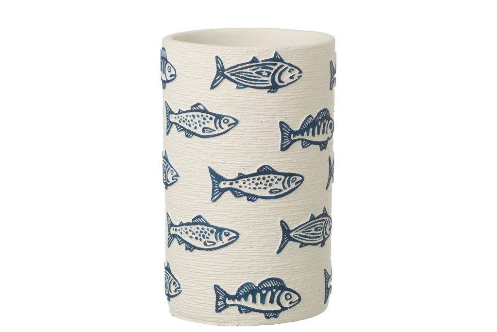 Flowerpot Fish Round Cement White/Blue