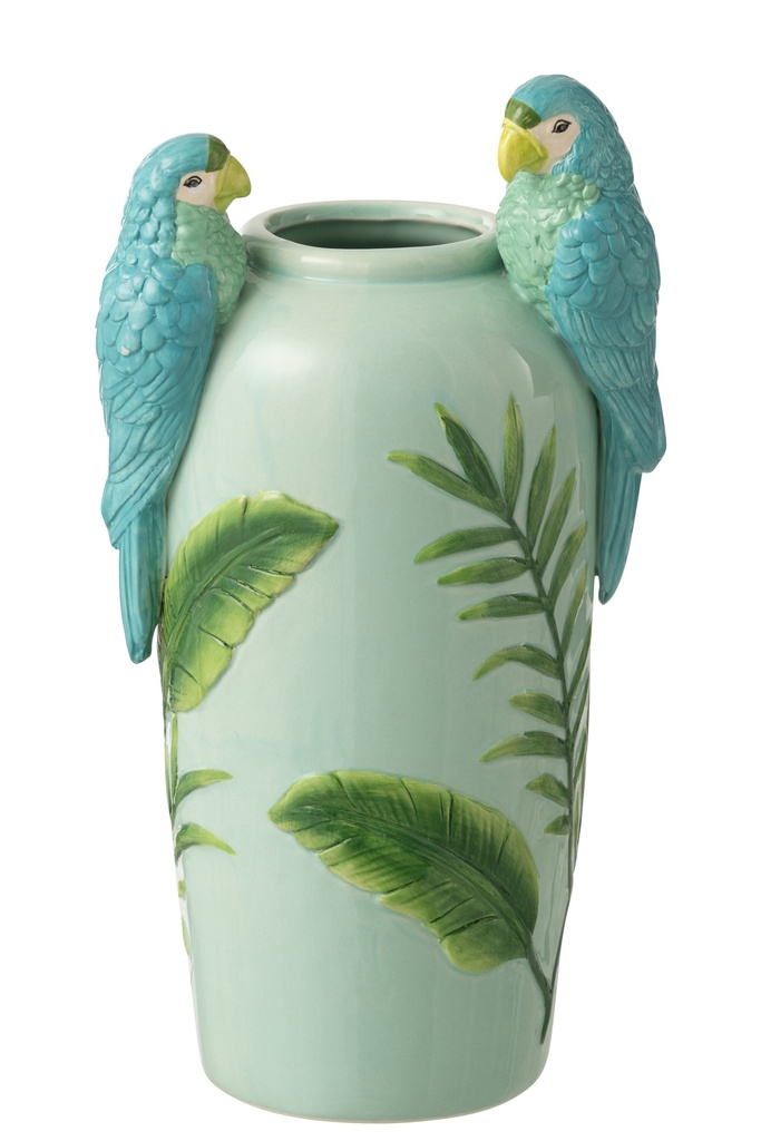 [62995] Vase Parrots Ceramic Green/Blue Large