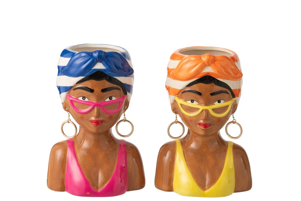 [62987] Flowerpot Lady Striped Ceramic Multicolored
