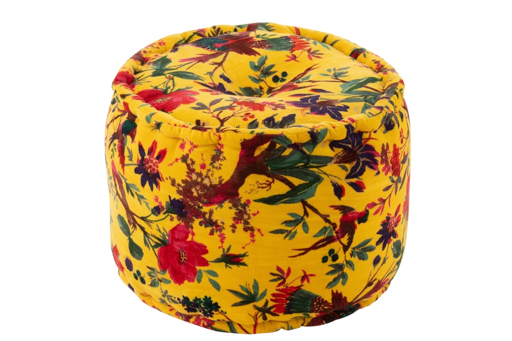 Pouf Round Birds/Flowers Cotton Velvet