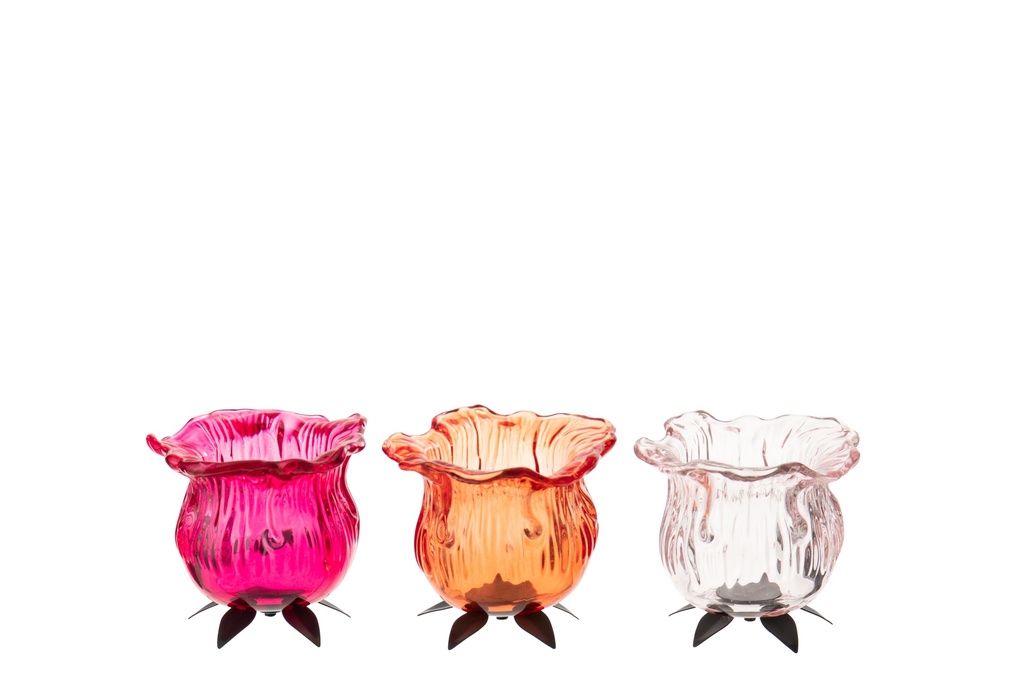 Tealight Holder Flower Glass Orange/Pink
