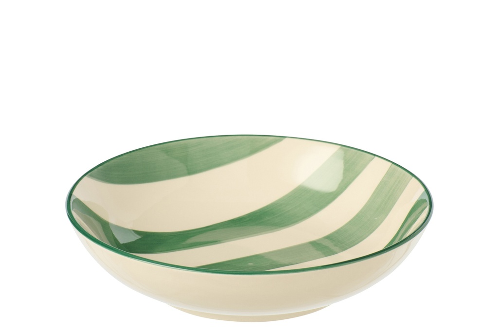 Plate Deep Striped Stoneware Green/White