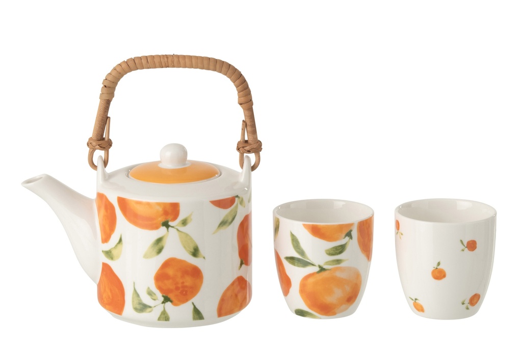 Teapot + Cups Orange Ceramic