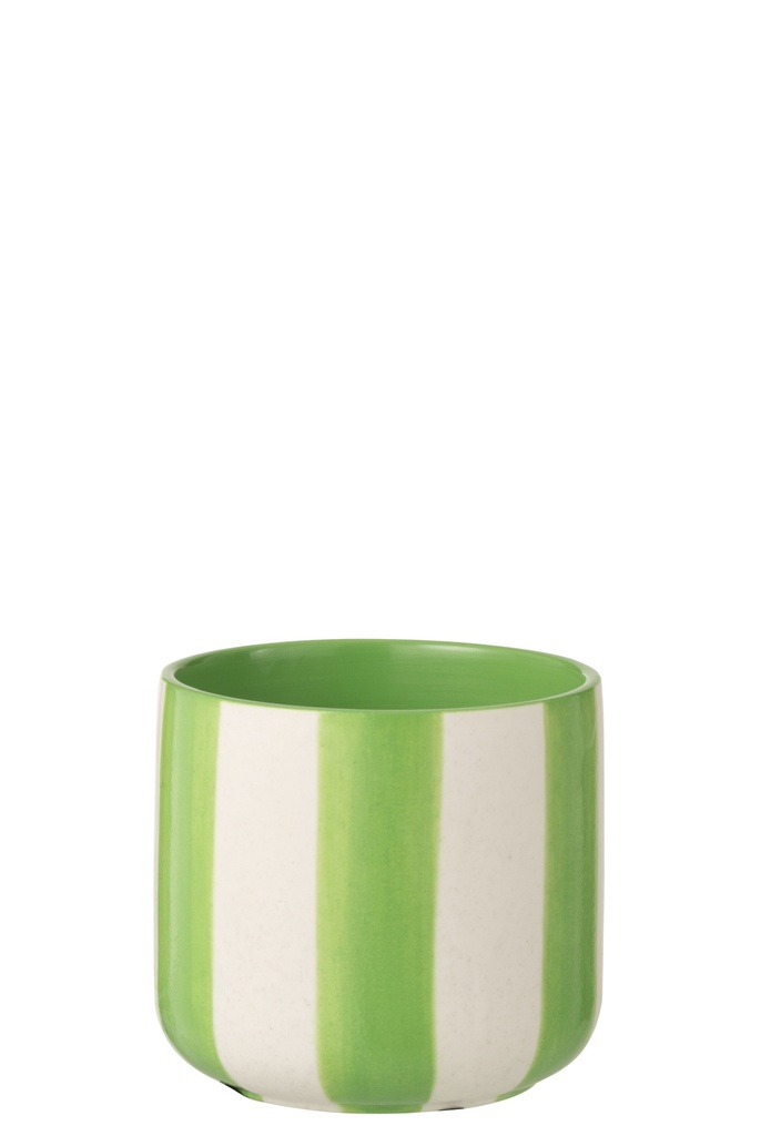 Flowerpot Striped Ceramic Green/White Medium