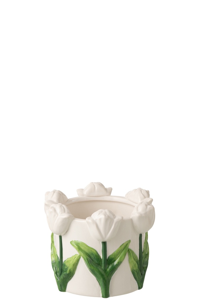 Flowerpot Tulip Ceramic White/Green Small