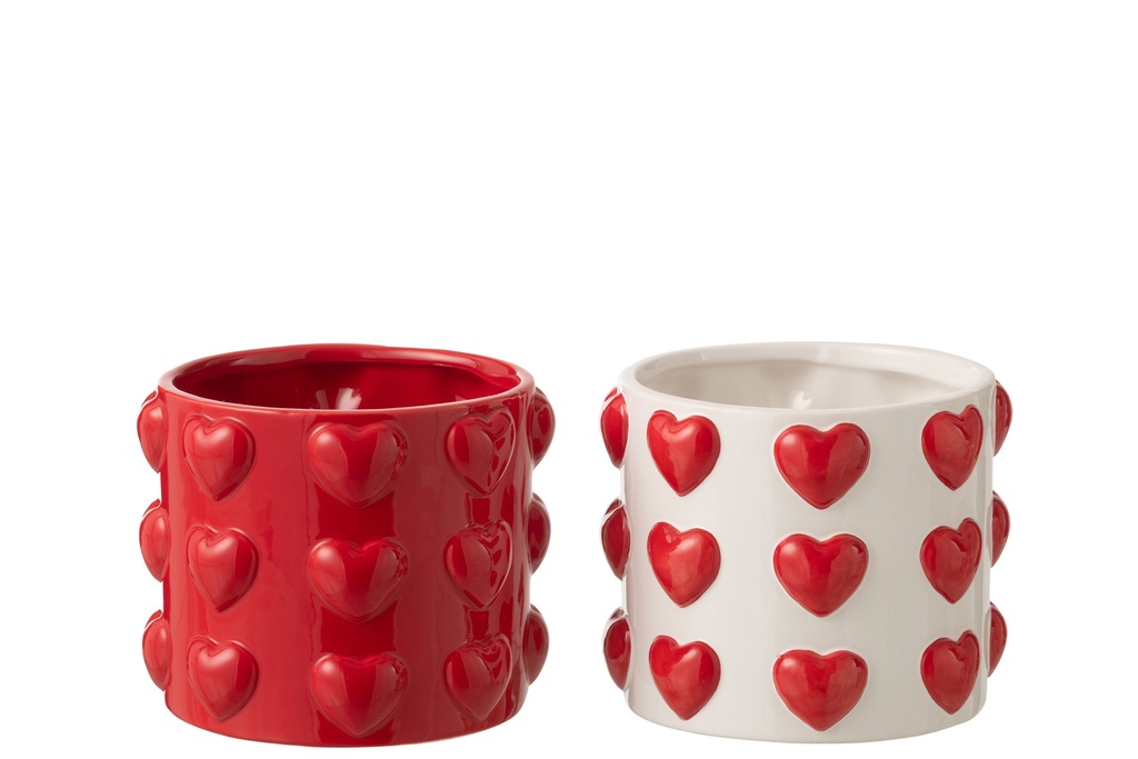 Flowerpot Hearts Pattern Ceramic White/Red