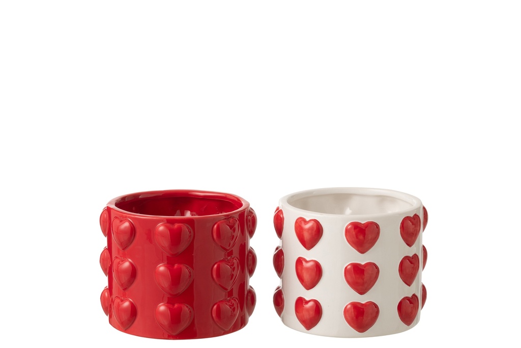 Flowerpot Hearts Pattern Ceramic White/Red