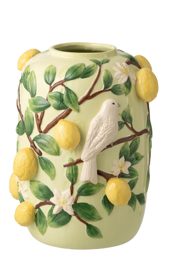 Vase Bird/Lemons Ceramic Green/Yellow Large