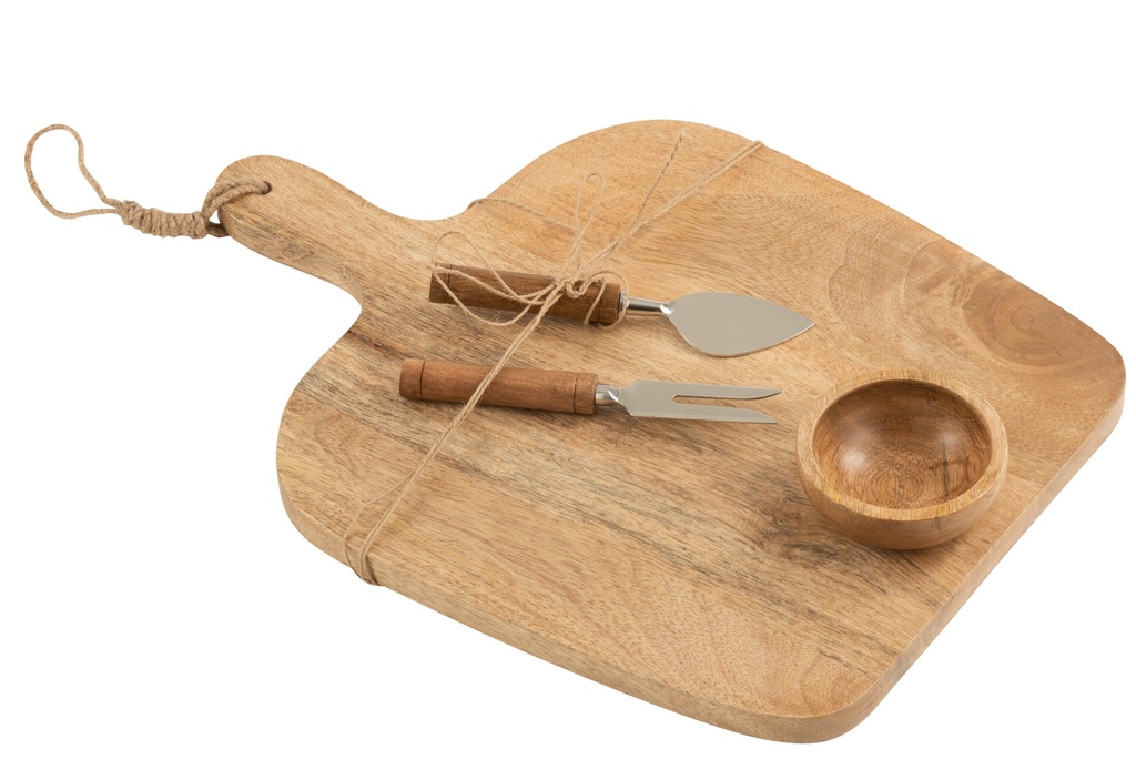 [15830] Cheese Board+Knife+Bowl Mango Wood Natural/White