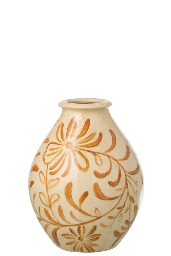 Vase Flowers Stoneware Ocher Yellow/Off-White