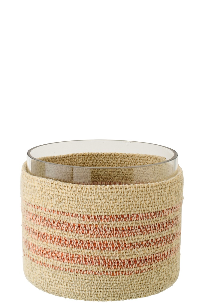 Tealight Holder Striped Seagrass/Glass Natural/Dark