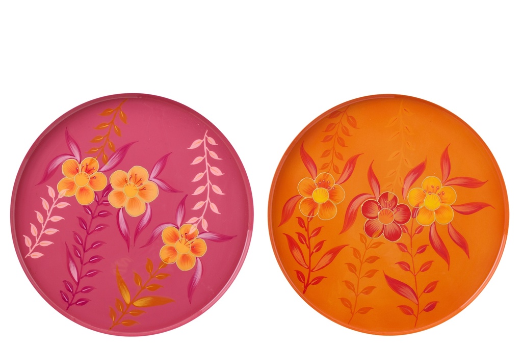 Decorative Tray Flowers Metal Pink/Orange