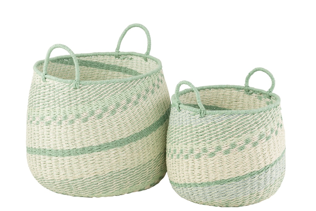 Lot de 2 paniers + anses en jonc de mer beige/vert