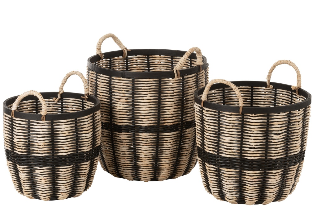 [20401] Set Of 3 Baskets Rope/Rattan Black/Natural