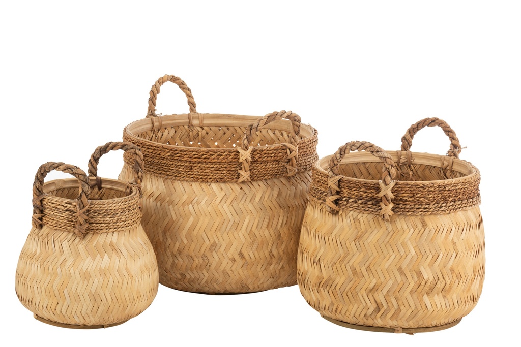 Set Of 3 Baskets+Handle Ball Bamboo+Rope