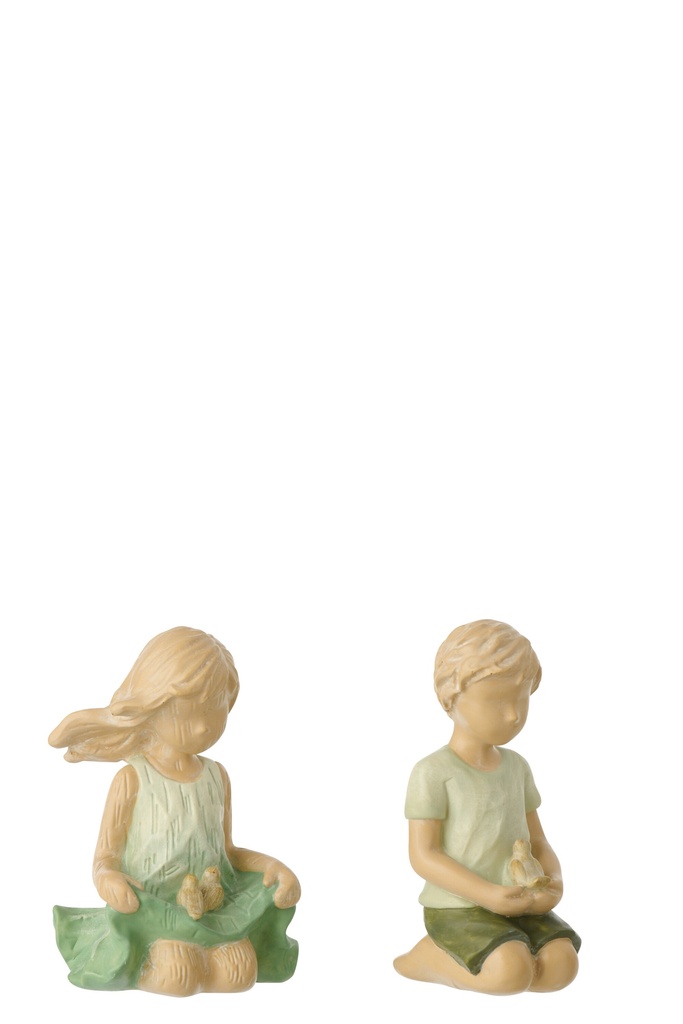 Children Boy/Girl Sitting Polyresin Green/Ecru