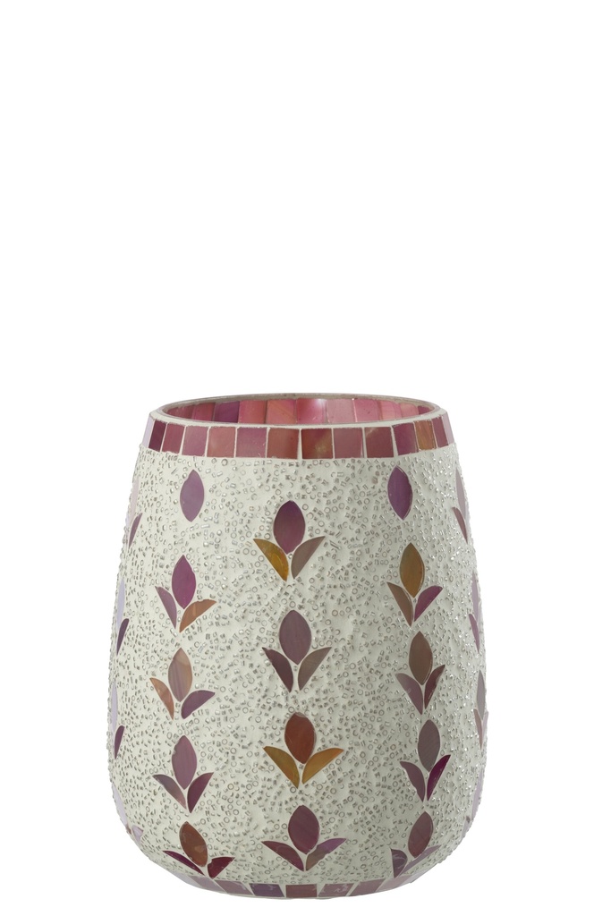 Candle Holder Glass Off-White/Fuchsia Large