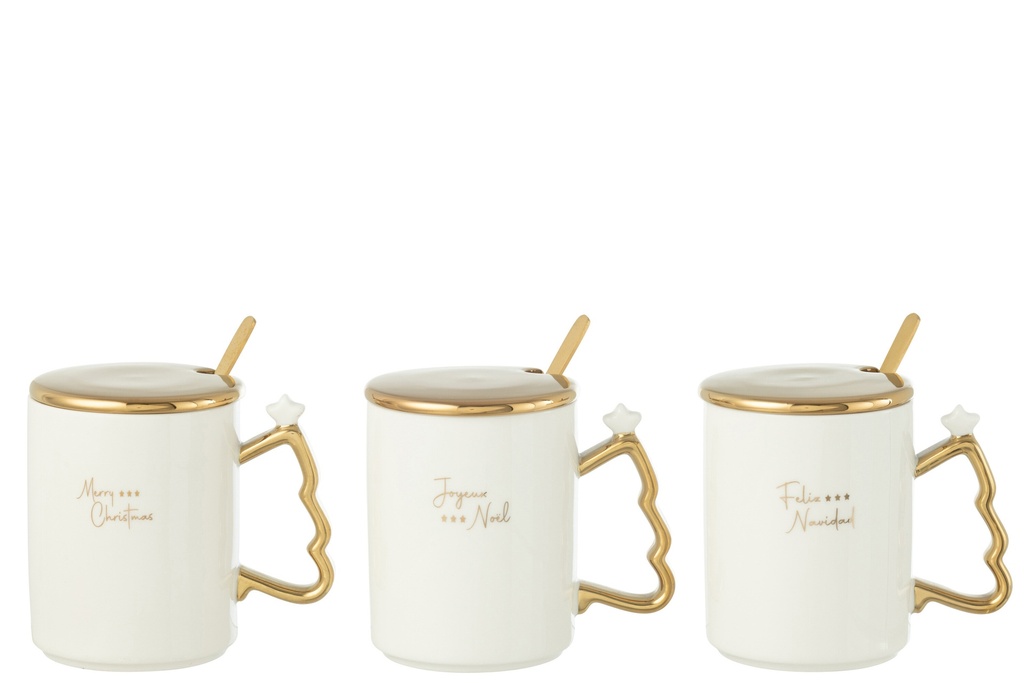 Mug+Spoon Xmas Ceramic White/Gold Assortment