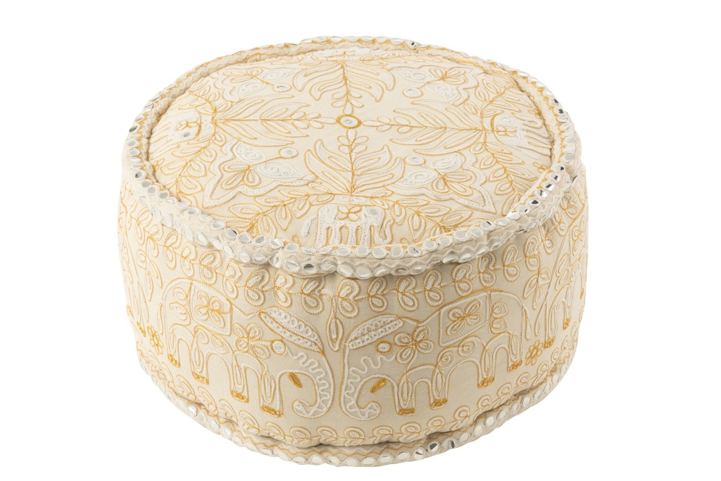 Pouf Round Elephants+Mirrors Cotton Cream/Gold