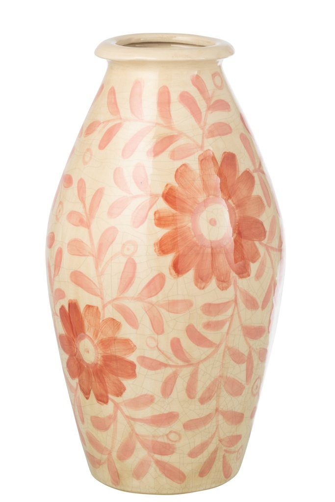 Vase Flowers Stoneware Orange/Off-White Large